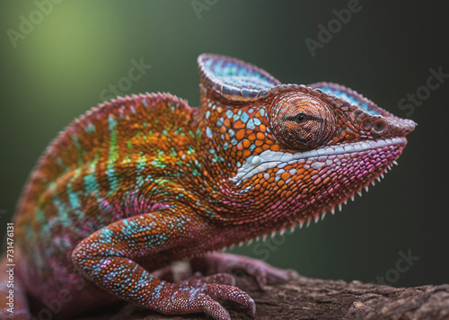 Colorful chameleon lizard sitting on a wooden log or branch. The lizard has a unique pattern with green, yellow, and orange colors, making it a striking and eye-catching subject.