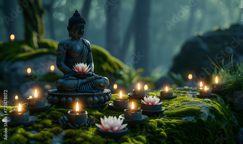 A Buddha statue decorated with simple candles and lotus flowers in a mossy forest,Generative AI