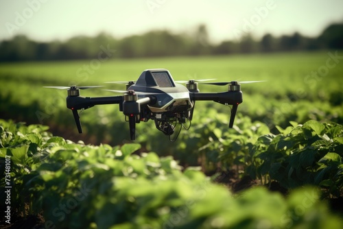 A black and white remote-controlled device flying above a lush green field, Smart farming with drones and automated tractors, AI Generated