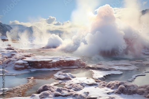 Captivating image of a geyser forcefully releasing steam into the sky, showcasing a mesmerizing sight of natures power, Steaming geysers surrounded by fluffy snow in a icy landscape, AI Generated