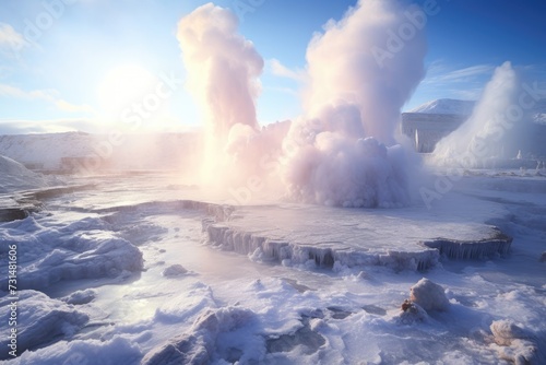 Witness the awe-inspiring sight of a massive geyser forcefully ejecting water high into the sky, Steaming geysers surrounded by fluffy snow in a icy landscape, AI Generated