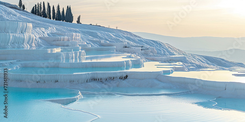 Mineral rich baby blue thermal waters in white travertine terraces on a hillside in Pamukkale, Turkey. Outdoors spa in nature, travel destination, relaxation and calmness landscape background