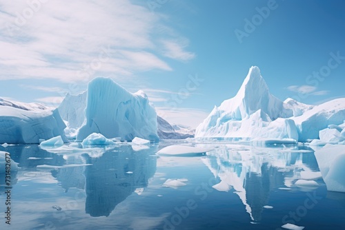 A stunning image showing a group of icebergs peacefully floating on the surface of water, The glaciers and icebergs of Antarctica, AI Generated