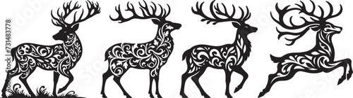 A series of four black ornate reindeer silhouettes with intricate floral patterns on a white background.