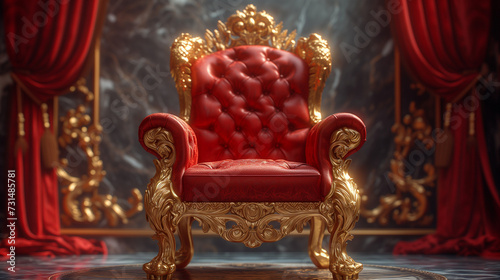 Antique armchair in the interior, The Throne Room with Gold royal chair on a white background of red curtains. Place for the king. Throne, luxury armchair, Ai generated image