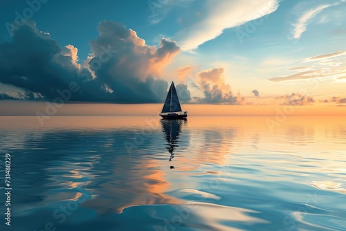 A sailboat peacefully floating in the middle of a vast and calm body of water, A boat sailing alone on smooth water, AI Generated