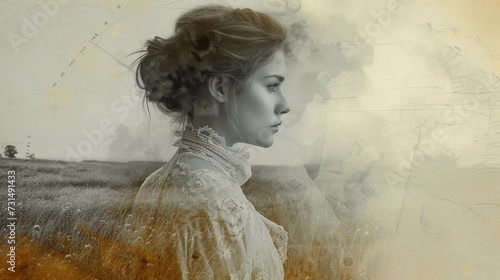 Historical Portrait Of A European Woman In Vintage dress. Overlay Texture Painting. Women History Month. Concepts Of Memory and Heritage. AI Generated