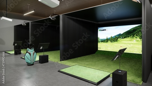 Indoor golf simulator 3d rendering