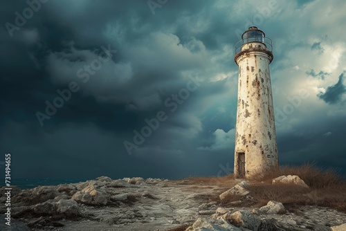 A lighthouse standing tall on a hill, positioned below a sky filled with clouds, Abandoned lighthouse under stormy skies, AI Generated