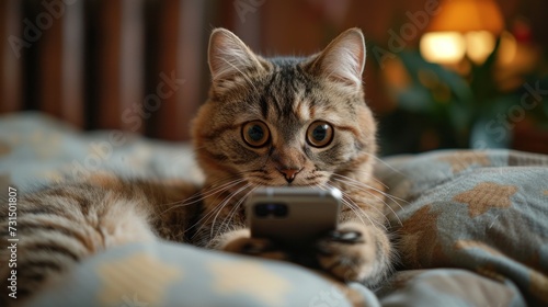 Tabby Cat Holding a Phone with Engrossed Expression