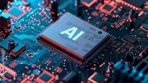 Illustration, top view of a complex modern technology computer motherboard with the text "AI" on the chipset in the middle. Modern technologies.