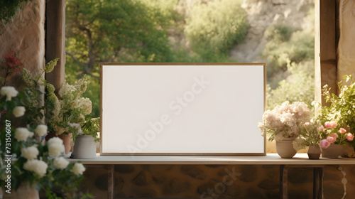 Large blank frame mockup in orangery room with large windows and flowers, plants, copy space