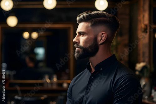 Man after a haircut in a stylized hairdressing salon, portrait of a young male, side view, copy space on blurred dark background