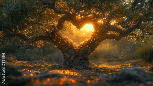 tree growing in the shape of a heart sunset background
