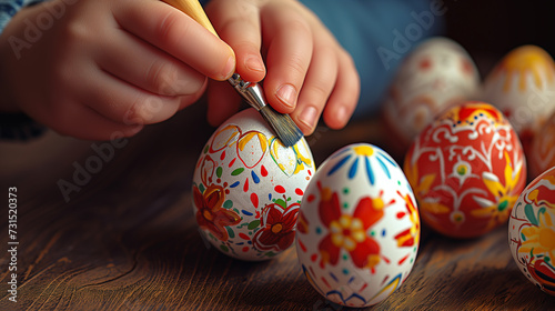 Close-up of little kid hand using painting brushes to decorate easter eggs.