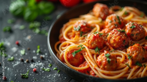 Spaghetti pasta with meatballs in tomato sauce with parsley in frying pan, dark table background, top view. Banner, copy space 