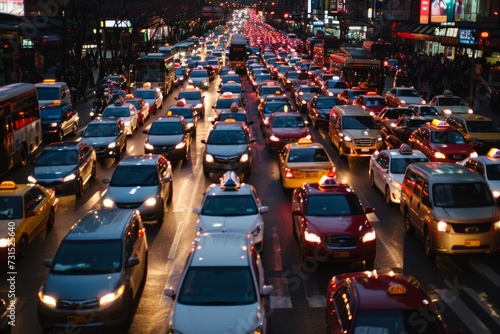 A traffic jam is shown at a crossroad during rush hour