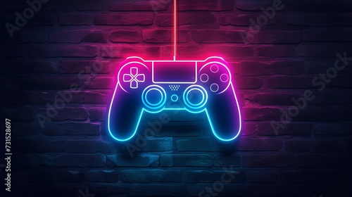 Neon video game icon control game vector illustration. light banner