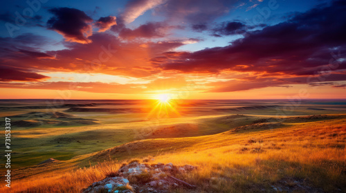 Sunset on the horizon over a vast landscape, grasslands national park, val marie, saskatchewan, canada. Generative AI