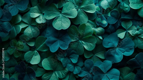 bright dark green clover leaves close up. The lush foliage is densely packed, creating a charming texture.