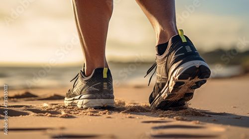 Close up photo from the side of a man's feet running on the beach wearing sports shoes. Generative AI