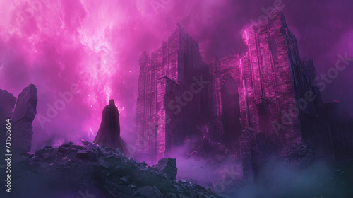 Mystical figure in cloak facing ancient castle under violet sky. Fantasy and imagination.