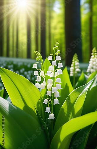 The sun's rays fall on a beautiful spring blooming flower. Lily. The natural background of nature with beautiful blooming lily of the valley flowers. Vertical photography. Made by artificial intellige