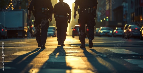 Three law enforcement officers left police station and patrolling city on foot.