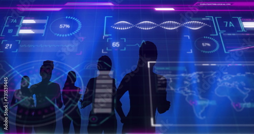 Image of glowing interface processing data over silhouetted athletes running