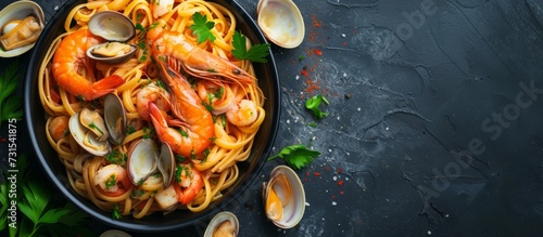 Seafood pasta with clams and prawns, top view, with room for text.