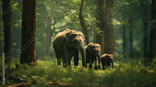Biodiversity in a Natural Habitat: a Group of Elephants in the Wild. Generative AI