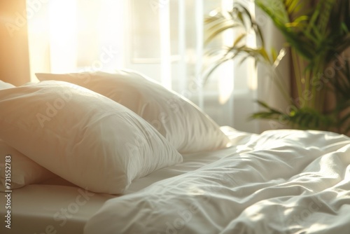 Close up shot of a beautifully arranged bed with clean white pillows and sheets in a sunlit room featuring lens flare