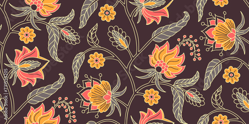 Seamless pattern with stylised indian style flowers and leaves on a stem. Hand drawn floral repeat background