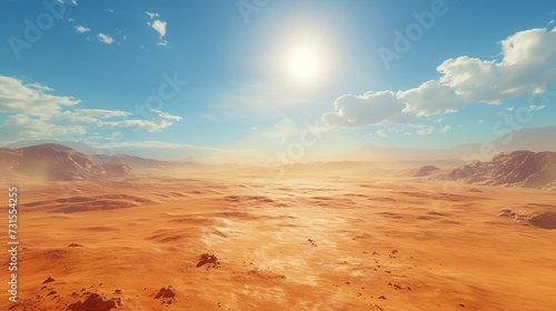 A vast desert landscape under a scorching sun, with towering sand dunes stretching towards the horizon. The air shimmers with heat, and the only sound is the whisper of the wind across the sands.