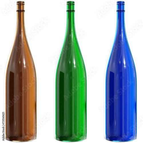 一升瓶（空き瓶）_茶色_緑_青 透過素材-3DCGイラスト