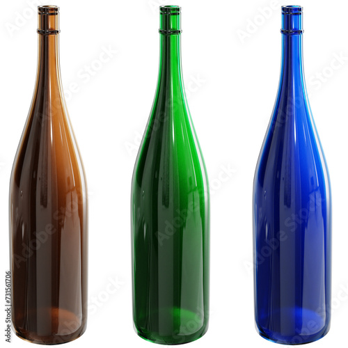 一升瓶（空き瓶）_茶色_緑_青 透過素材-3DCGイラスト