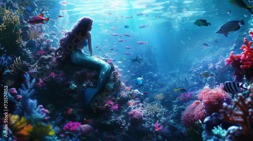 A digital art style portrays a quiet underwater scene featuring a mermaid