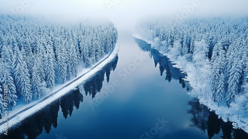Overhead view of a road through a snow covered landscape