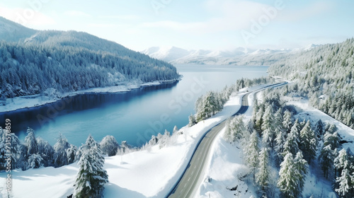 Overhead view of a road through a snow covered landscape
