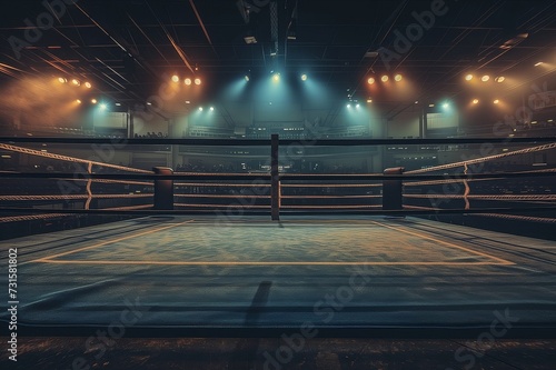 Empty boxing ring under spotlights with empty auditorium seats around it concept