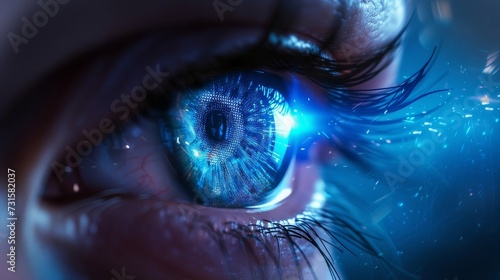 Realistic hologram of human eye and eyes close-up. Vision concept laser eye surgery treatment cataract
