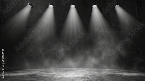 Free stage with lights and smoke, Empty stage with white spotlights, conser, show, party, Presentation concept. white spotlight strike on black background, vintage retro stage black white