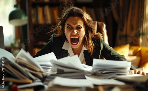 Pissed off woman office worker cluttered with paperwork shouting, concept of a rush at work.