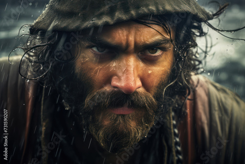 A Hispanic male pirate, approximately 37 years old, with a fierce look, captured during a storm at sea, vintage feel