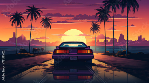sunset with car wallpaper 