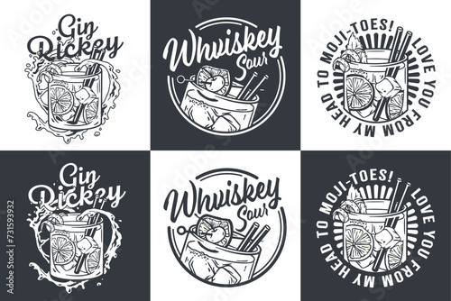 Monochrome whiskey sour or old fashioned cocktail with ice, cherry and splash for design of bar menu. American alcohol cocktail with whisky and bourbon for drink party. Tee print