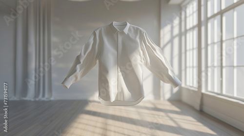 A blank shirt suspended with invisible grace against a neutral gray, capturing the essence of simplicity in a hyperrealistic setting. 