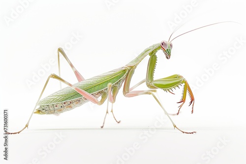 Green Praying Mantis in Natural Pose Isolated on White Background with Detailed Forelegs