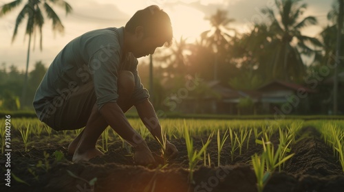 The silhouette of a young farmer wearing a long shirt with bent sleeves is planting rice in a rice field with a natural countryside background. Created with Generative AI.