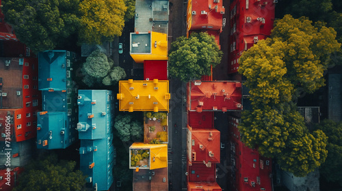 Aerial view of multi-colored roofs of city houses. Generative AI
